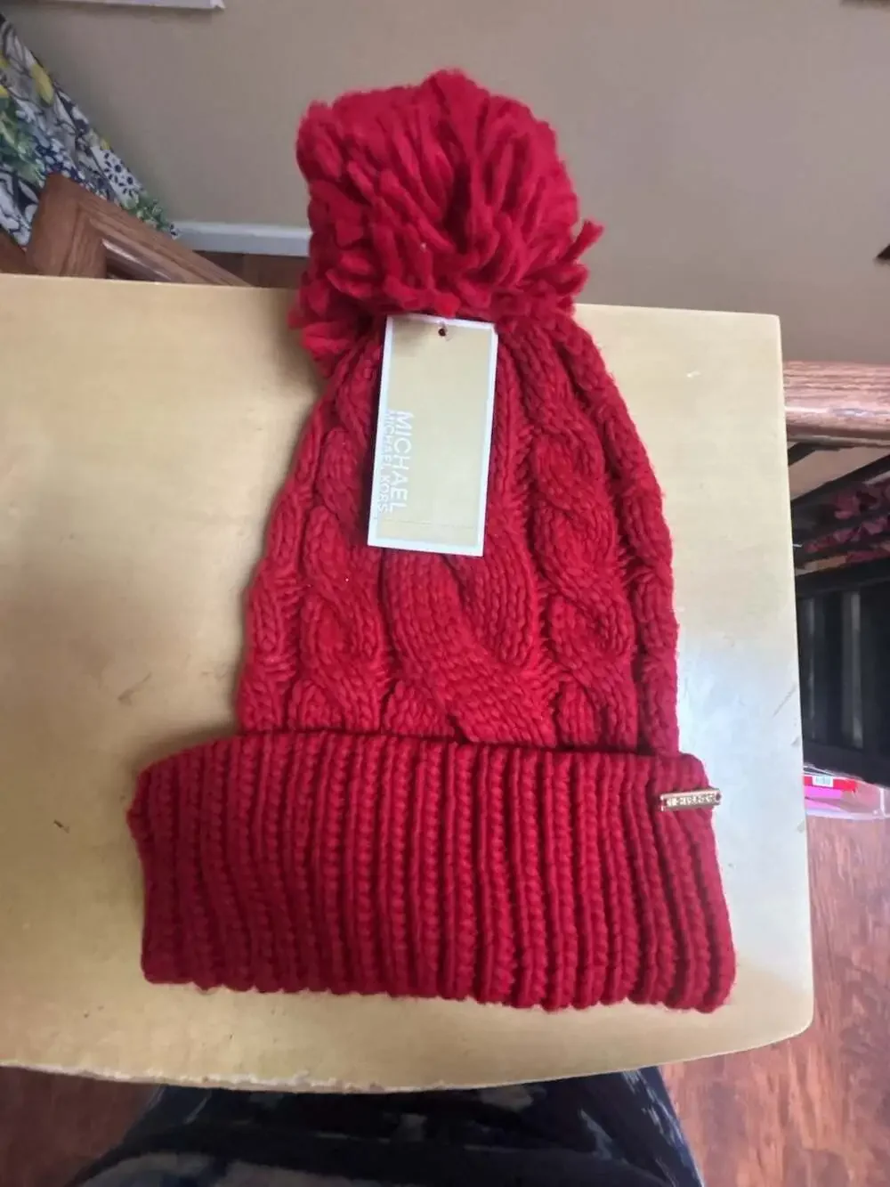 Michael Kors Red Cable Knit Pom Pom Beanie Hat NWT